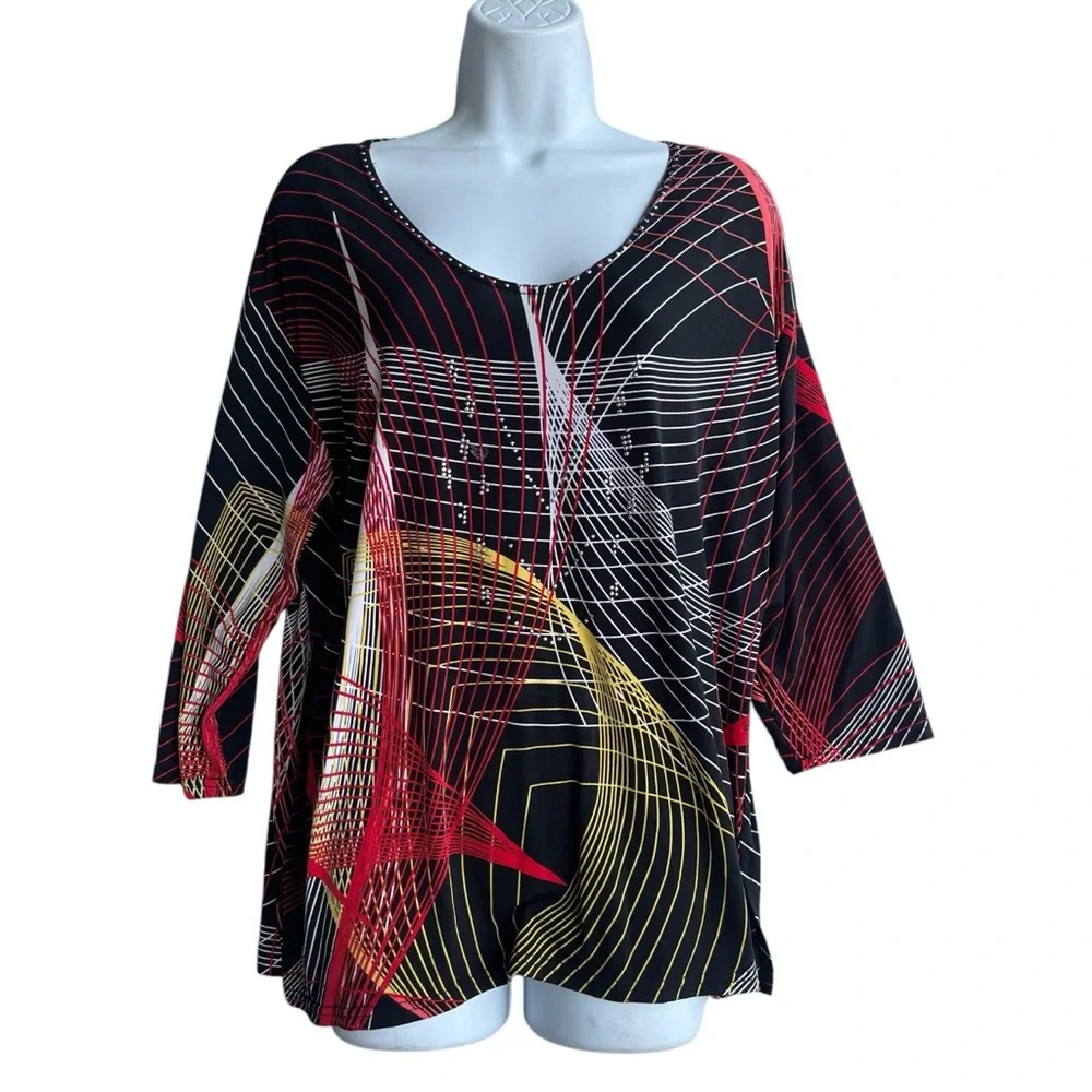 Valentina Geometric Top Women's Size XL Rhinestone 3/4 Sleeve Scoop-neck Blouse